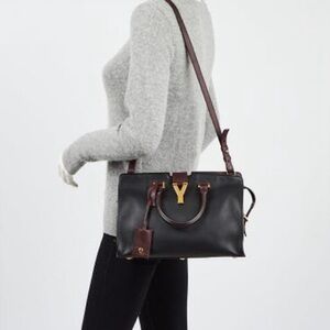 YVES SAINT LAURENT Black/Burgundy Calfskin Leather Small Cabas ChYc Bag